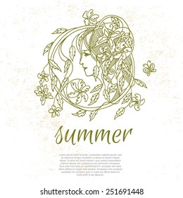 Sunny summer illustration, girl, butterflies, flowers, vintage style