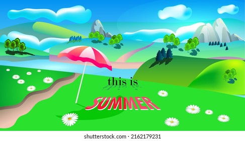 Sunny summer landscape in cartoon style