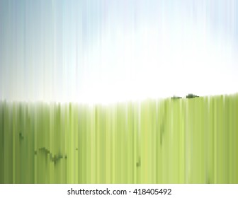 Sunny summer landscape with effect of a sliced photo. Green grass field and clear sky. Gradient background for a poster, cover, business card, invitation, banner, or postcard.