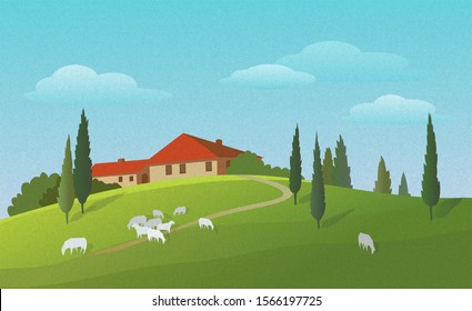Sunny summer landscape with green hill, old houses, cypress trees and sheeps grazing in a meadow. Vector colorful illustration with grainy texture.