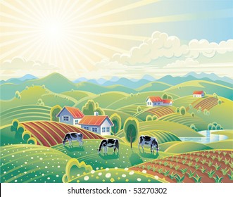 Sunny summer landscape and herd of cows. svg