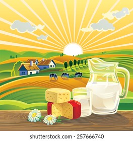 Sunny summer landscape with a still life of dairy products. 