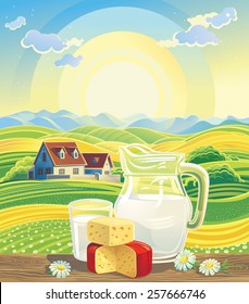 Sunny summer landscape with a still life of dairy products. 