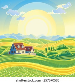 Sunny summer landscape with village. 