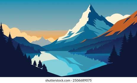 Sunny summer morning on the Grindjisee lake. Splendid view of Swiss Alps, Zermatt location, Valais canton, Switzerland, Europe flat vector illustration