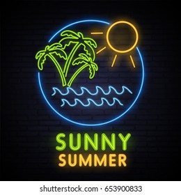 Sunny Summer. Neon pattern summer. Palm trees, sea, sun, island. Neon bright sign. Logo. Bright Banner. Emblem. Vector image