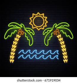 Sunny Summer. Neon Pattern Summer. Palm Trees, Sea, Sun, Island. A Bright Pattern Of Neon. Vector Image