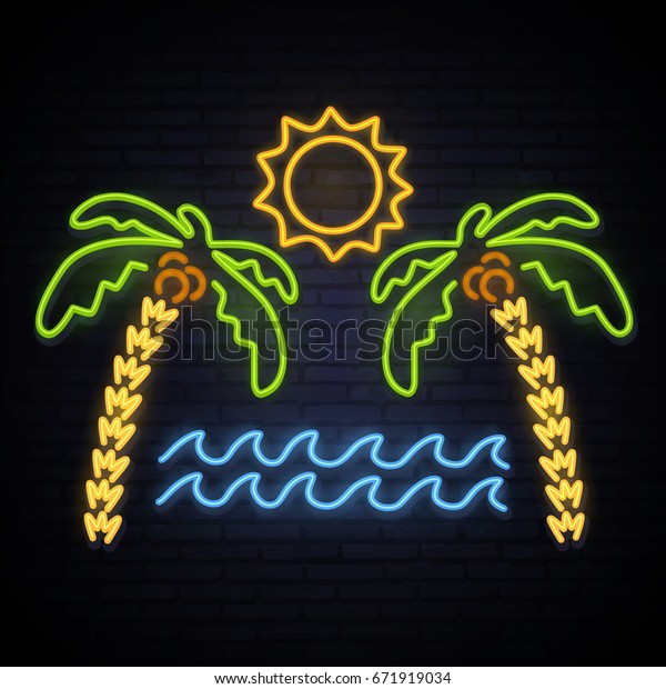 サニー サマー ネオン柄の夏 ヤシの木 海 太陽 島 明るいネオンの模様 ベクター画像 のベクター画像素材 ロイヤリティフリー