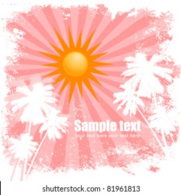 Sunny summer pink card with palm trees and radial background