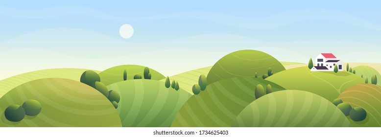 Sunny verano paisaje rural ilustración vectorial. Caricatura humorística casa de campo plana con techo rojo, estilizado campo de cultivo redondeado sobre hierba verde medio redondo colinas. Naturaleza rural fantástico fondo