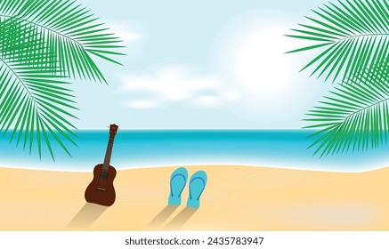 Sunny Summer Vacation Beach with Ukulele. Nature and lifestyle concept vector