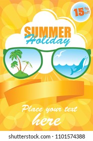 Sunny Summer Vacation Template, vector yellow background, travel flyer