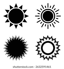 Sunny sun sunlight solar heat weather flat icon symbol vector. Set of sun illustrations in flat style. Vector line art of a sun symbol. Great for weather app interfaces and infographics.