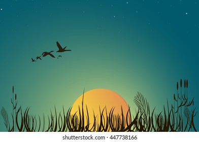 Sunny Sunrise. Flying ducks. Vector Illustration.