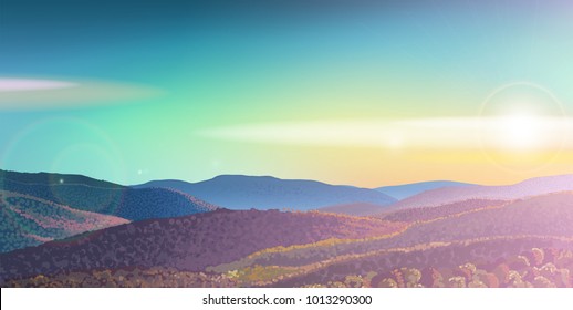 Sunny sunrise or sunset calm mountain landscape. Hand drawn summer background in pointilism style. National park nature.