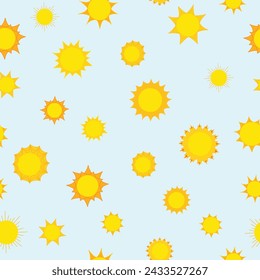 Sunny Suns in Orange and Yellow on Blue Background Seamless Pattern 