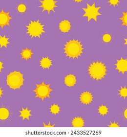 Sunny Suns in Orange and Yellow on Purple Background Seamless Pattern 