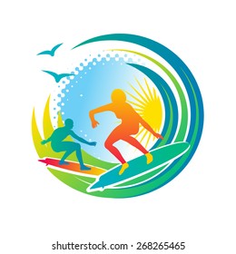 Sunny surfers in the ocean waves, vector illustration