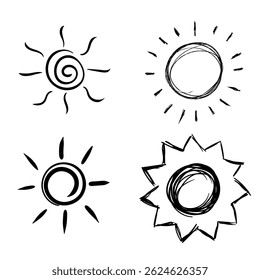 Sunny symbol with drawn warm sunburst and cute comic illustration for daylight nature and solar energy sign showing shine and orange season icon in flat bright travel vector concept of weather

