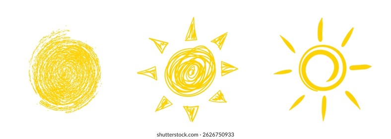 Sunny symbol with drawn warm sunburst and cute comic illustration for daylight nature and solar energy sign showing shine and orange season icon in flat bright travel vector concept of weather

