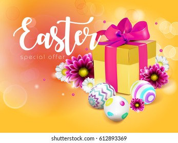 Sunny template vector card with realistic eggs, gift box and flowers. Handwriting inscription Easter. Lettering, calligraphy. 3D.