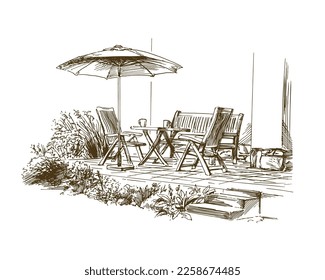 Sunny terrace with seating and parasol, rest in the garden.