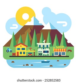 Sunny town at the foot of the mountains. Flat vector illustration.