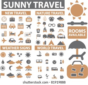 sunny travel icons, signs, vector illustrations