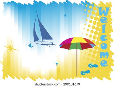 Sunny tropic bay with yacht.Welcome banner