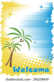 Sunny tropic seacoast with golden sand,blue water and palms