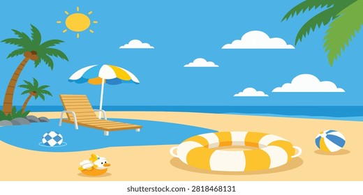Sunny tropical beach illustration featuring ocean palm trees umbrella lounge chair and summer vacation scenery perfect for travel promotions tourism advertising seasonal banners and holiday designs