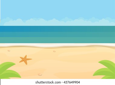 Sunny tropical beach, ocean, flat vector illustration background