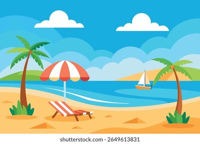 Sunny Tropical Beach Scene: Relaxing Beach Chair, Striped Umbrella, Sailboat, Palm Trees, Flat Design Illustration.