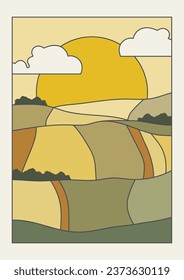 Sunny valley landscape background illustration poster. Nature postcard.