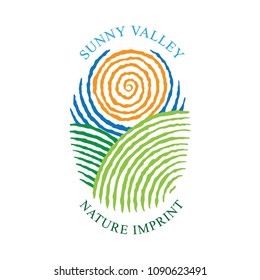 Sunny Valley logotype in fingerprint style.
Sunny Valley Hand drawn illustration.
Nature, meadows, sun and sky.