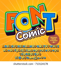 Sunny vector alphabet set. Font with text Font Comic. Contains graphic style.