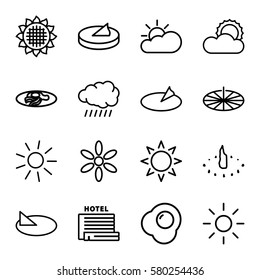 sunny vector icons. Set of 16 sunny outline icons such as sun, sunflower, fried egg and bacon, egg, sun cloud