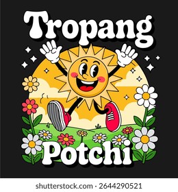 Sunny vibes with a smiling sun character surrounded by blooming flowers. A perfect retro-style artwork for joyful branding or summer-themed graphics.