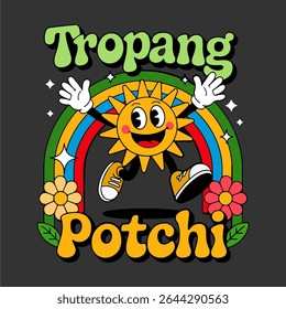 Sunny vibes with a smiling sun character surrounded by blooming flowers. A perfect retro-style artwork for joyful branding or summer-themed graphics.