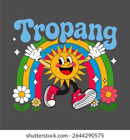 Sunny vibes with a smiling sun character surrounded by blooming flowers. A perfect retro-style artwork for joyful branding or summer-themed graphics.