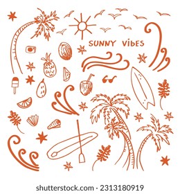 Sonnenblumen, Vektoruntergang mit Palmen, Wellen, Sonne, Surfen, tropischen Früchten, Seegras, Urlaubsstimmung. Handgezeichnete Doodle auf isoliertem Hintergrund. Design-Element für Druck, Polygraph, Karte, Poster, Vorlage
