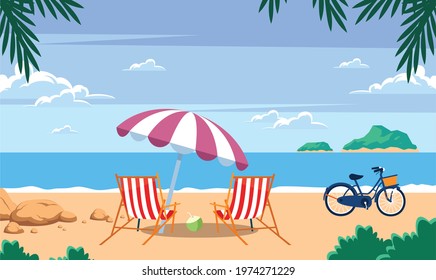 a sunny view of a beach with chair, umbrella, bicycle and coconut