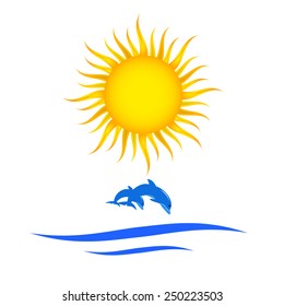 sunny view of two jumping dolphins, vector illustration