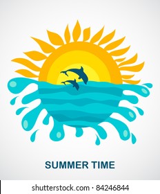 sunny view of two jumping dolphins, vector illustration