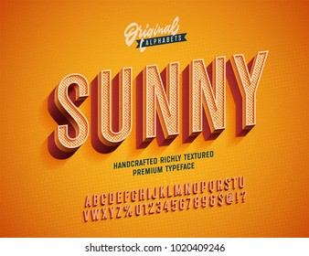 "Sunny" Vintage 3d Premium Rich Textured Alphabet. Super Detailed Retro Typeace with Good Summner Vibes. Vector Illustration. Slanted Version.