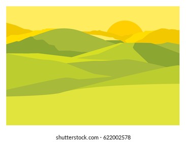 Sunny, warm, hazy, yellow landscape with the sun coming up or going down