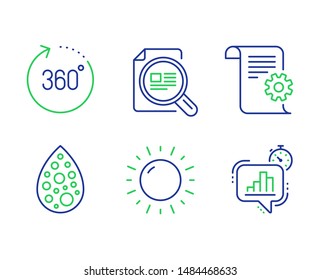 Sunny weather, Artificial colors and 360 degrees line icons set. Check article, Technical documentation and Statistics timer signs. Sun, Natural flavor, Panoramic view. Magnifying glass. Vector