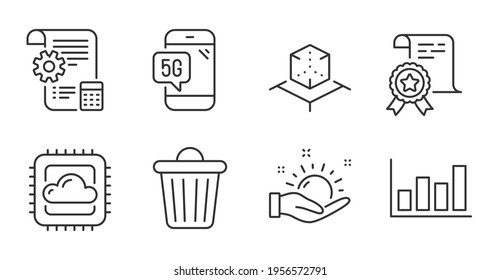 Sunny weather, Augmented reality and Report diagram line icons set. Trash bin, Certificate and Settings blueprint signs. Cloud computing, 5g phone symbols. Quality line icons. Vector