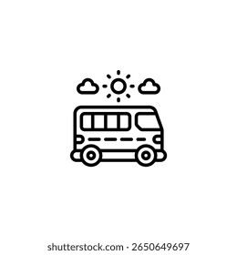 sunny weather bus adventure touring outline icon and illustration