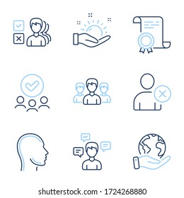 Clima soleado, Suprímase los iconos de usuario y de línea de cabezal. Certificado de Diploma, Salvar planeta, grupo de personas. Señales de mensajes de opinión, grupo y conversación. Mantenga el sol, Eliminar perfil, Perfil humano. Vector